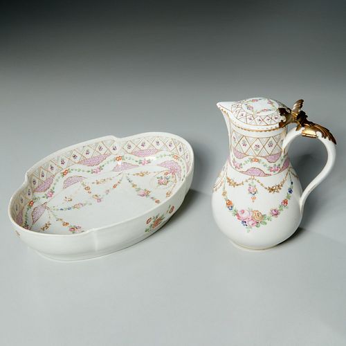 Antique French painted porcelain pitcher & bowl
