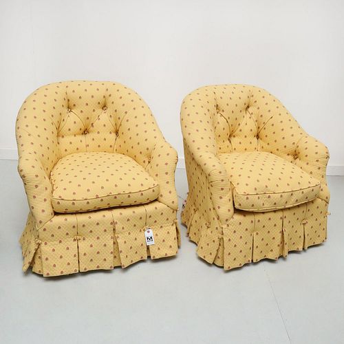 Pair custom upholstered swivel tub chairs
