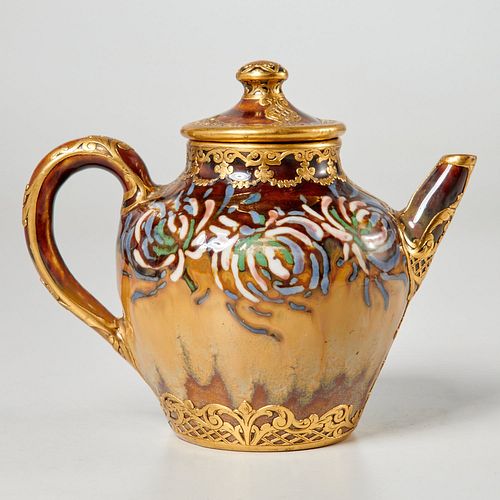 Boch Freres (attrib.) gilt metal, pottery teapot