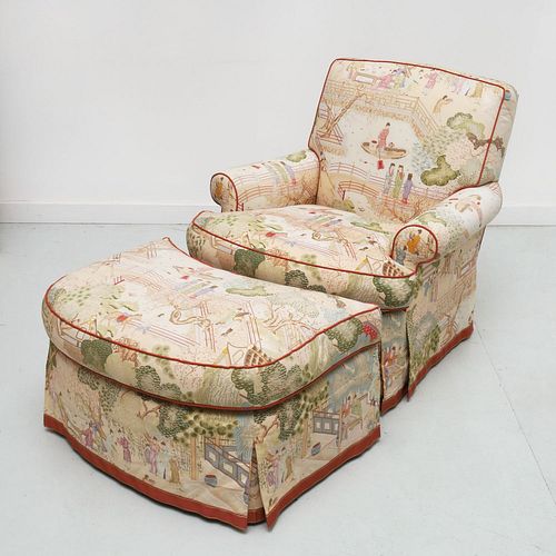Designer Chinoiserie club chair and ottoman