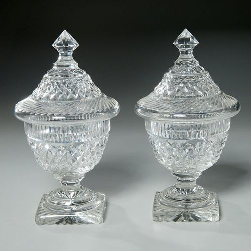 Pair Anglo-Irish style cut glass sweet meat urns