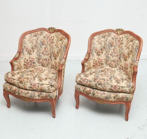 Pair Louis XV style paint decorated bergeres