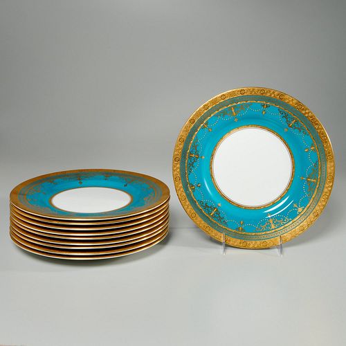 Fine set (10) Minton gilt turquoise dinner plates