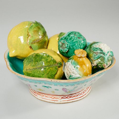 Chinese famille rose footed bowl & altar fruit