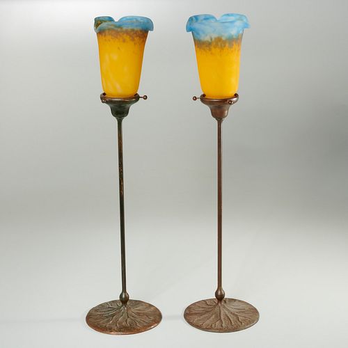Pair Tiffany Studios style candlestick lamps