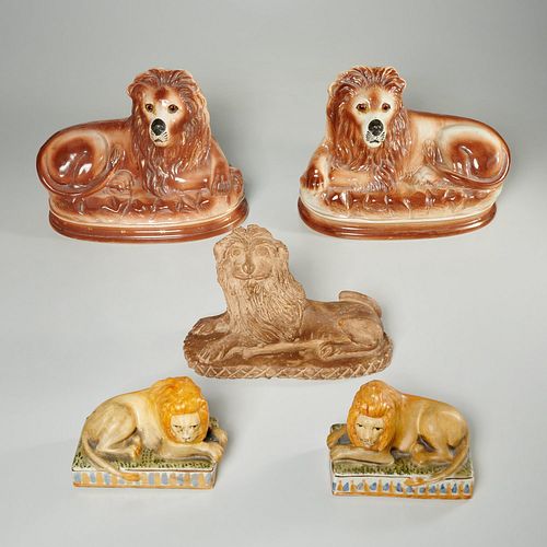 Group ceramic lions, Staffordshire & Folk