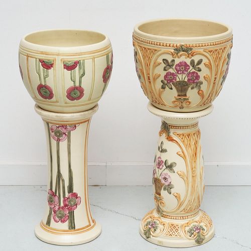 (2) Weller pottery floral jardinieres & pedestals