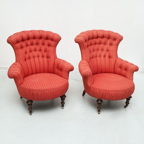 Pair Victorian custom upholstered armchairs