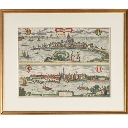 Rotterdam and Gouda, hand-colored map, 16th c.