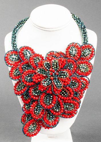 Vilaiwan Red Flower Waterfall Beaded Necklace