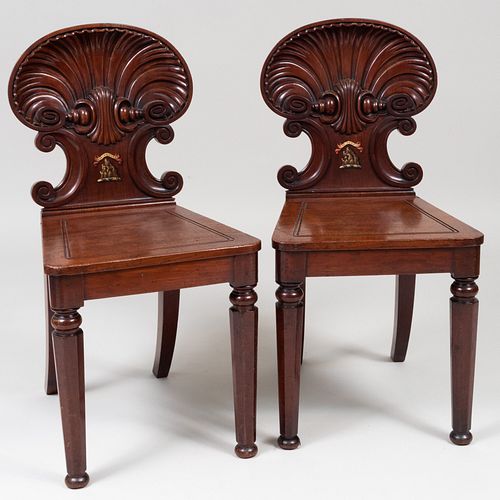 Pair of Late Regency Carved Mahogany Hall Chairs