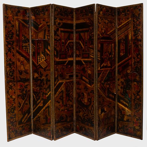 Dutch Polychrome Decorated Leather Six-Panel Screen