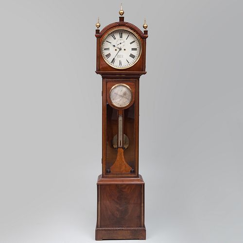 Late Regency Brass-Inlaid Mahogany Tall-Case Clock with Barometer and Thermometer, Irish