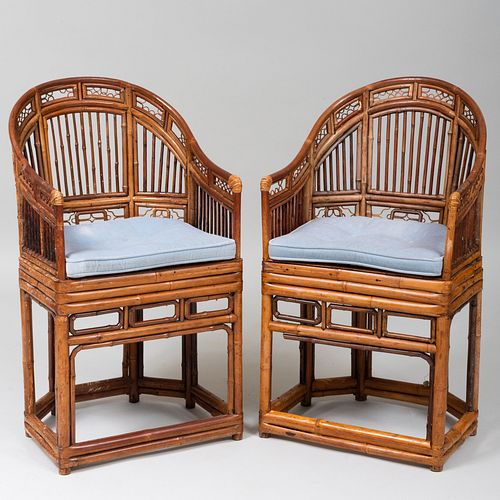Pair of Chinese Export Bamboo and Caned Tub-Form Chairs