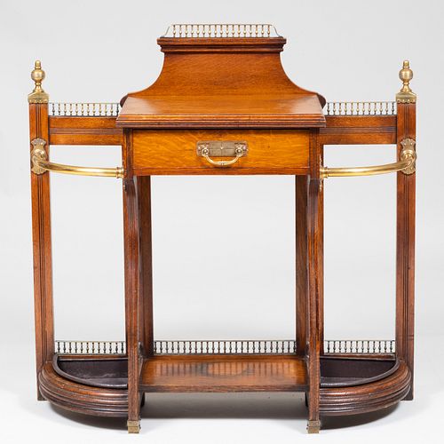 Late Victorian Brass-Mounted Oak Umbrella Hall Stand, Attributed to Shoolbred