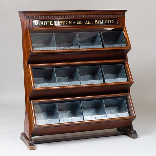 Late Victorian Mahogany and Glass Baker's Cabinet, McVitie & Price's High Class Biscuits
