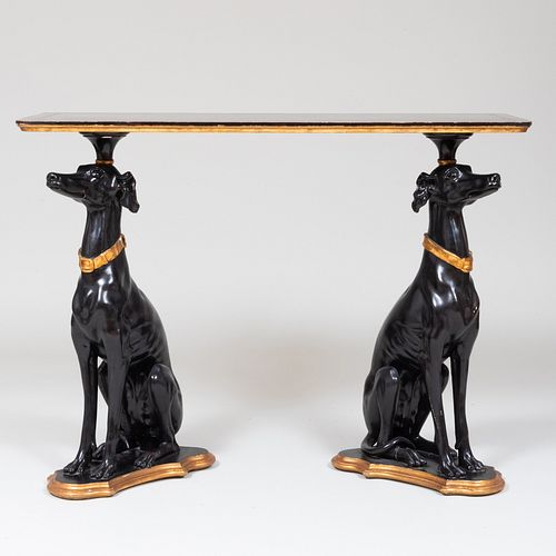 Ebonized and Parcel-Gilt Console Supported by Two Whippets, of Recent Manufacture