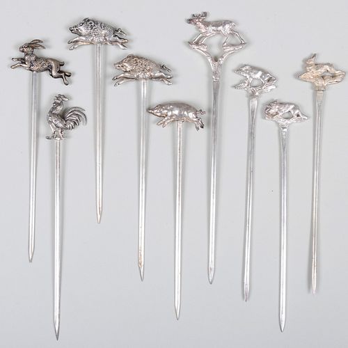 Group of Nine of Continental Silver Plate Meat Skewers with Animal Finials