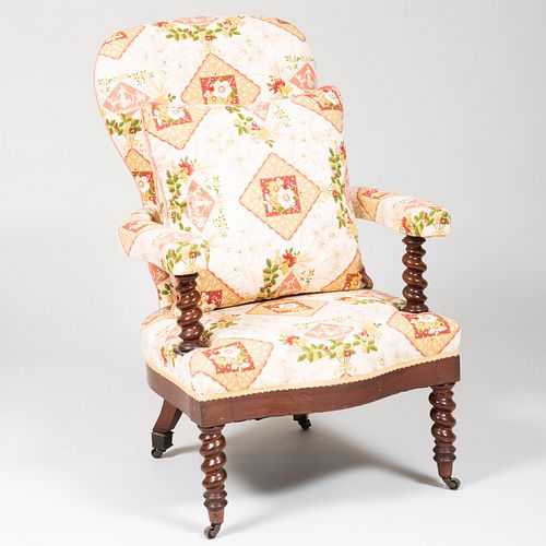 Victorian Mahogany and Linen Upholstered Armchair
