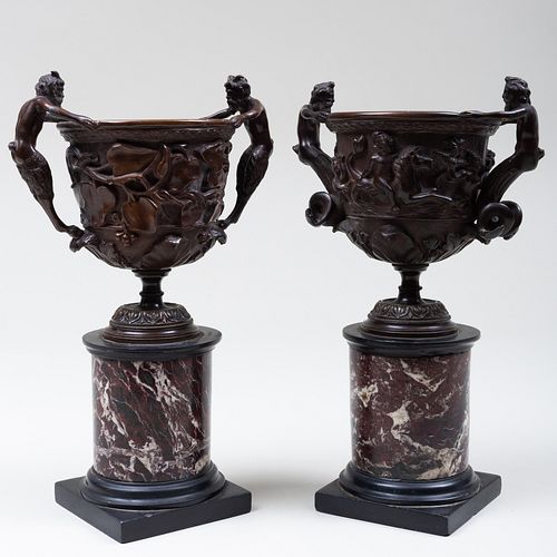 Pair of Bronze-Mounted Marble Urns with Figural Handles
