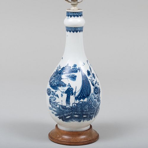 Blue and White Porcelain Bottle Vase, Probably Bow, Mounted as a Lamp