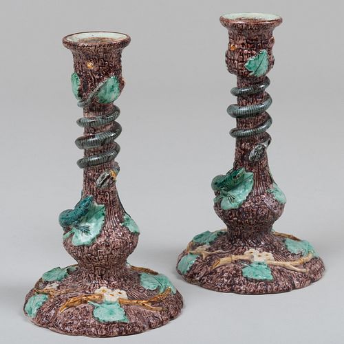 Pair of Continental Palissy Style Majolica Candlesticks