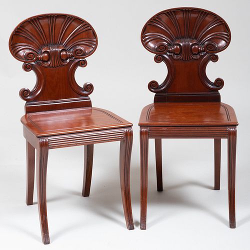 Pair of Regency Style Carved Mahogany Hall Chairs