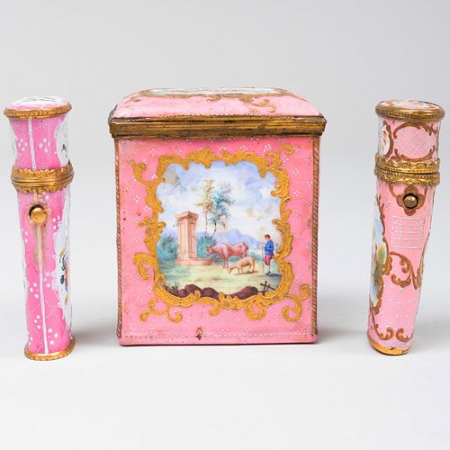 Staffordshire Enamel Pink Ground Box and Two Etuis