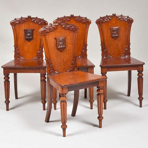 Set of Four Regency Style Mahogany Crested Hall Chairs