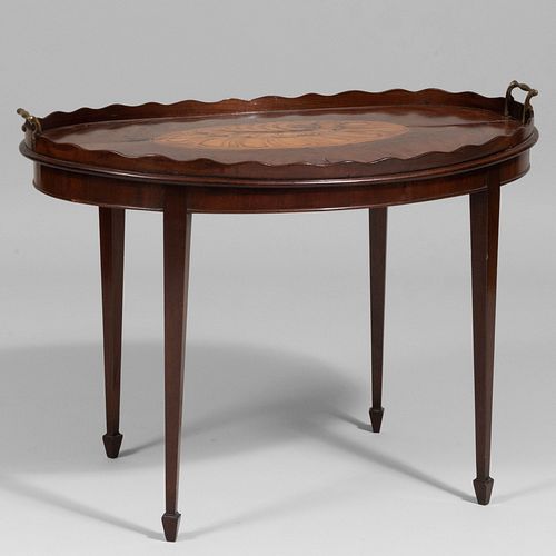 George III Inlaid and Figured Mahogany Oval Tray on Later Stand
