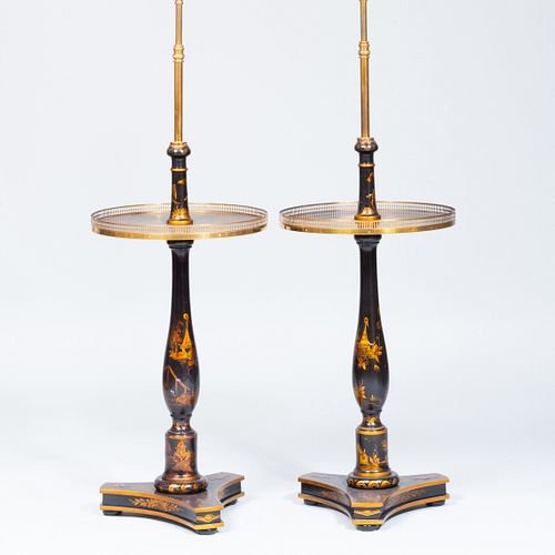 Two Regency Style Black Painted and Parcel-Gilt Floor Lamps, of Recent Manufacture
