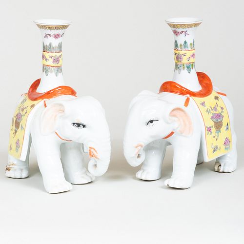 Pair of Chinese Porcelain Elephant Vases and a Pair of Giltwood Brackets