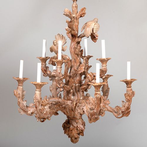 English Rustic Carved Wood Ten-Light Chandelier