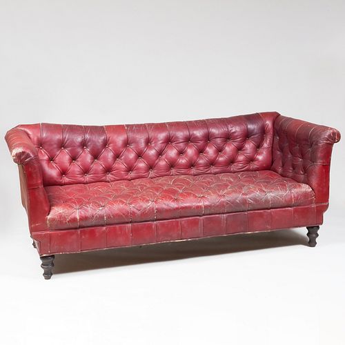 Edwardian Tufted Leather and Mahogany Sofa