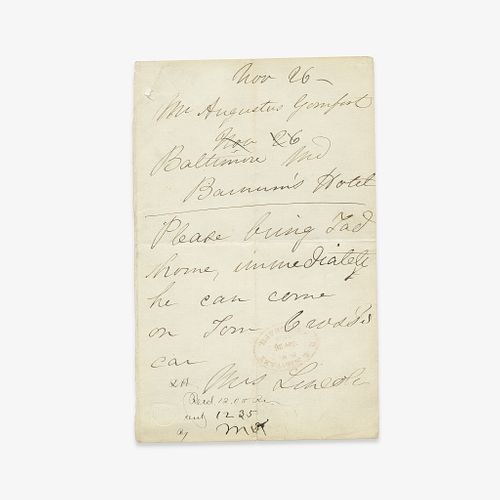 [Presidential] [First Ladies] Lincoln, Mary Todd, Autograph Letter, signed