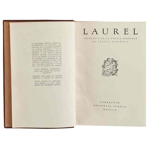 Paz, Octavio - Prados, Emilio - Villaurrutia, Xavier. Laurel. Antología de la Poesía Moderna... México, 1941. Primera edición.