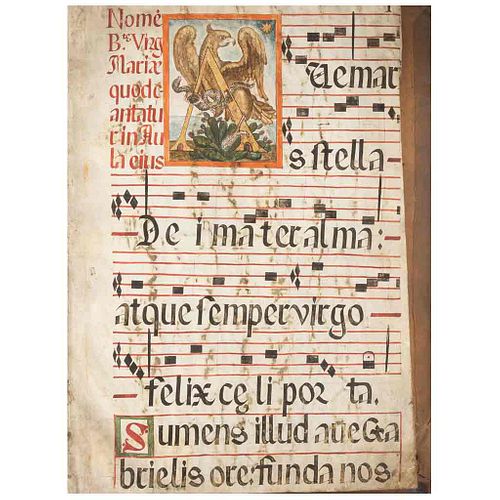 Libro de Coro. México, Siglo XVIII. Texto manuscrito a dos tintas, sobre pergamino. Capitulares decoradas, con detalles en dorado.