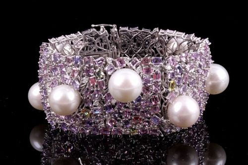 Lattice South Sea Pearl Sapphire Diamond Bracelet