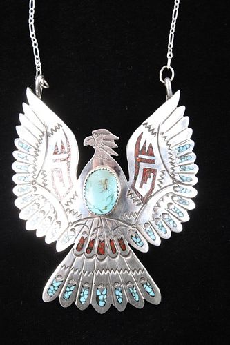 Navajo Silver Thunderbird Turquoise Coral Necklace