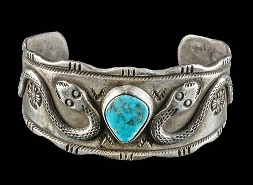 Vintage Navajo Silver & Turquoise Cuff w/ Snakes