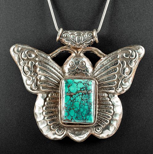20th C. Nepalese Nickel-Silver & Turquoise Pendant