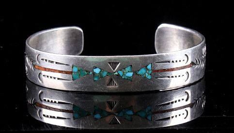 Navajo Silver Coral & Turquoise Chip Inlay Cuff