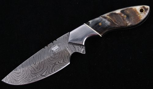 M.T. Knives Rams Horn & Damascus Drop Point Knife