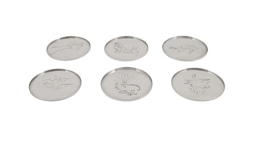Set of Six Danish Art Deco Sterling Silver Glass Coasters by A. Michelsen