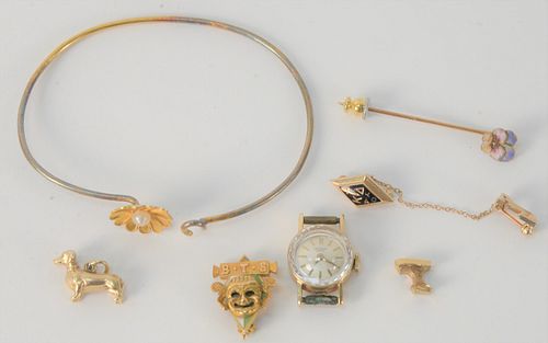 14 Karat Gold Lot, with ladies wristwatch, bracelet, two pins, etc., 22.9 grams total weight.
