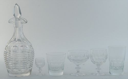 Thirty-Nine Piece Group of Crystal Stemware and Glasses, to include a decanter, 9 tumblers, 6 tall glasses, 11 short stemmed wines, 8 cordials, 5 misc