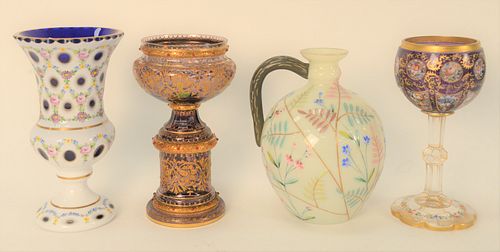 Four Piece Group, to include an enameled white cut to cobalt vase; a white enameled pitcher with handle; a purple glass compote with gold enameling, p