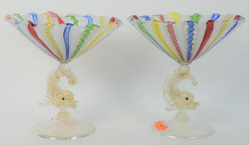 Pair of Venetian Compotes, having candy twist bowl with ruffle rim over swan stem base, height 8 3/4 inches, width 8 3/4 inches.