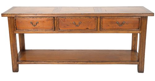 Oriental Style Three Drawer Hall Table, elm wood, height 34 inches, width 79 inches.