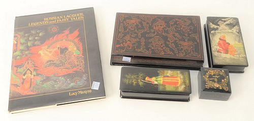 Group of Four Russian Lacquer Boxes, legends and fairy tale motif, manner of Palekh School, one marked 1924, signed illegibly; one having winter storm